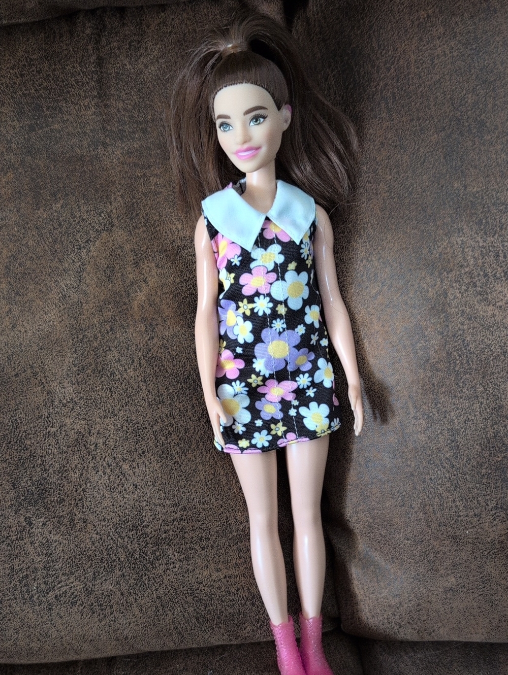 Barbie Black Floral Dress with White Collar and Pink Accents